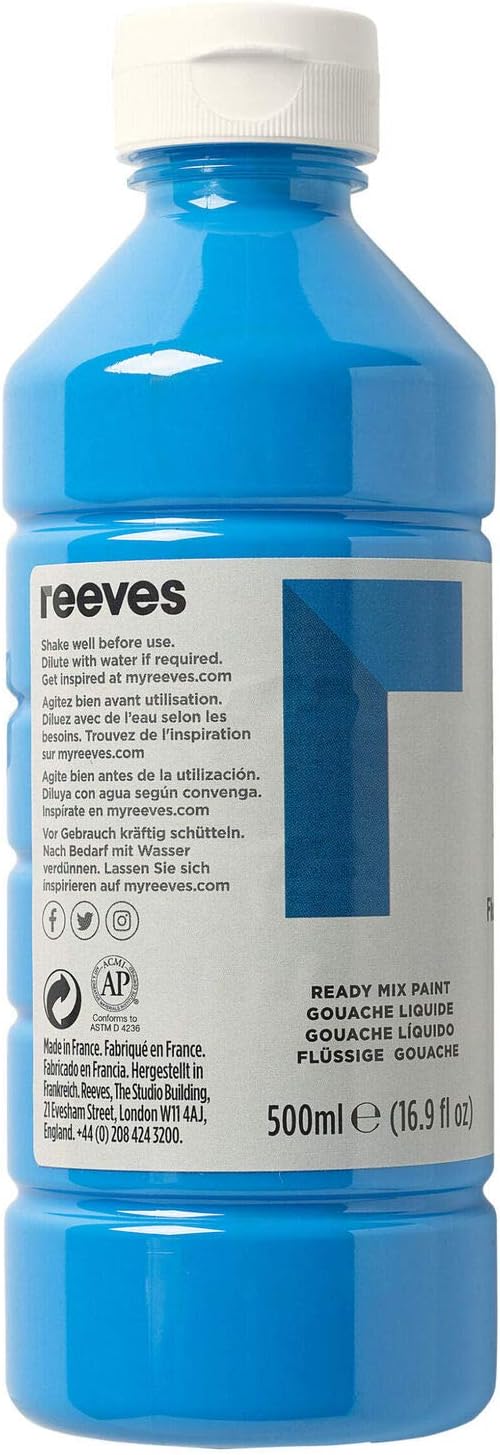 Reeves Ready Mix Paint for Children, Teens, Adults - Water-Based Washable Paint for Kids and Toddlers - Non-Toxic Poster Paint for School Arts and Crafts - Tempera Paint - 500 ml - Fluorescent Blue