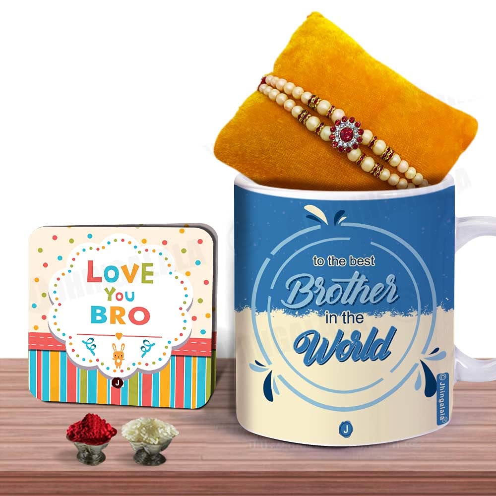 Jhingalala Designer Rakhi with To The Best Brother in The World Printed Ceramic Mug, Love You Bro Greeting Card, Roli Chawal Raksha B&han Gift Pack (Multicolor, Capacity: 11 Oz./325ml)