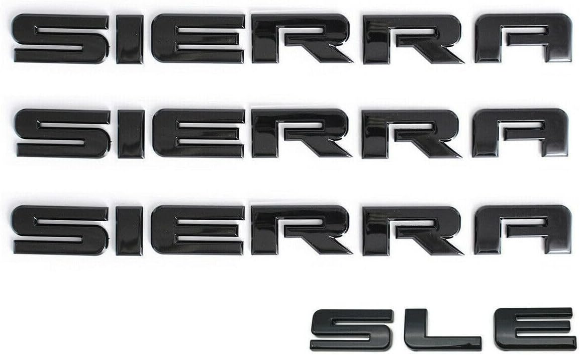 4Pc Sierra SLE Letter Emblem 3D Badge Front Door/Rear Tailgate Replacement for Sierra (Gloss Black)