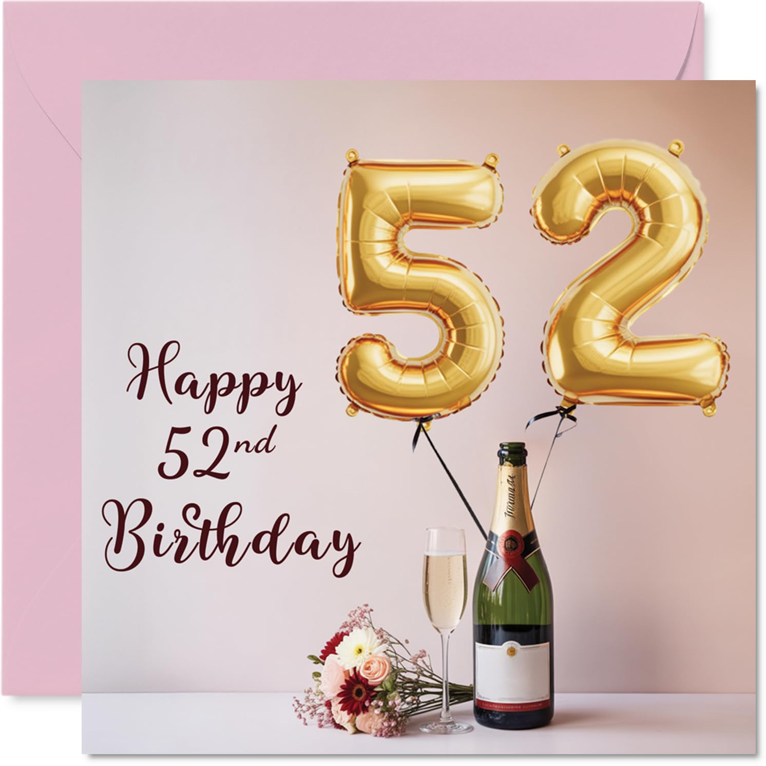 52nd Birthday Cards for Women and Men, Balloons & A Bottle of Bubbly