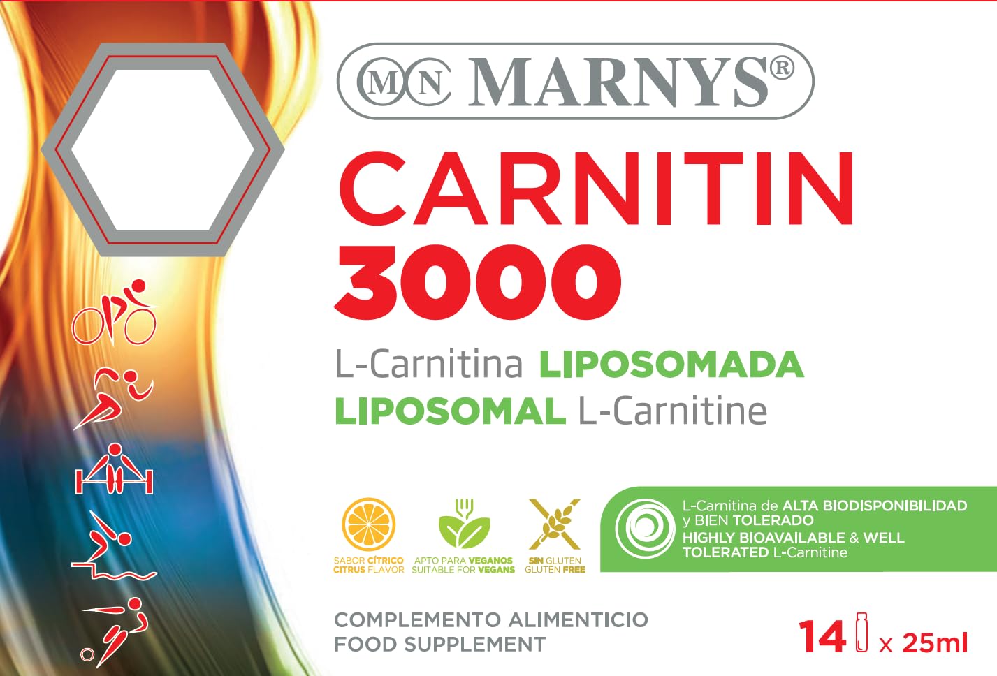 Marnys Carnitin 3000 Drinkable Vials 14's - Liposomal Liquid L-Carnitine 3000mg per Vial for Fat Metabolism, Energy, Muscle Recovery & Sports Performance, Citrus Flavour, Vegan, 25ml x 14