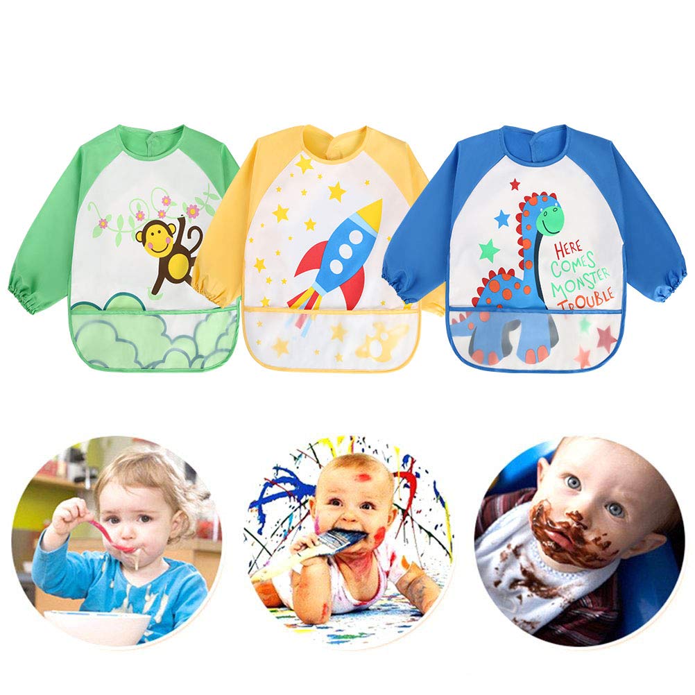 Vicloon Set di 3 Bavaglini Impermeabili con Maniche Lunghe e Tasca, Grembiule per Pappa Svezzamento, Dipingere, Giocare e Mangiare, Bambini Piccoli da 1-3 anni