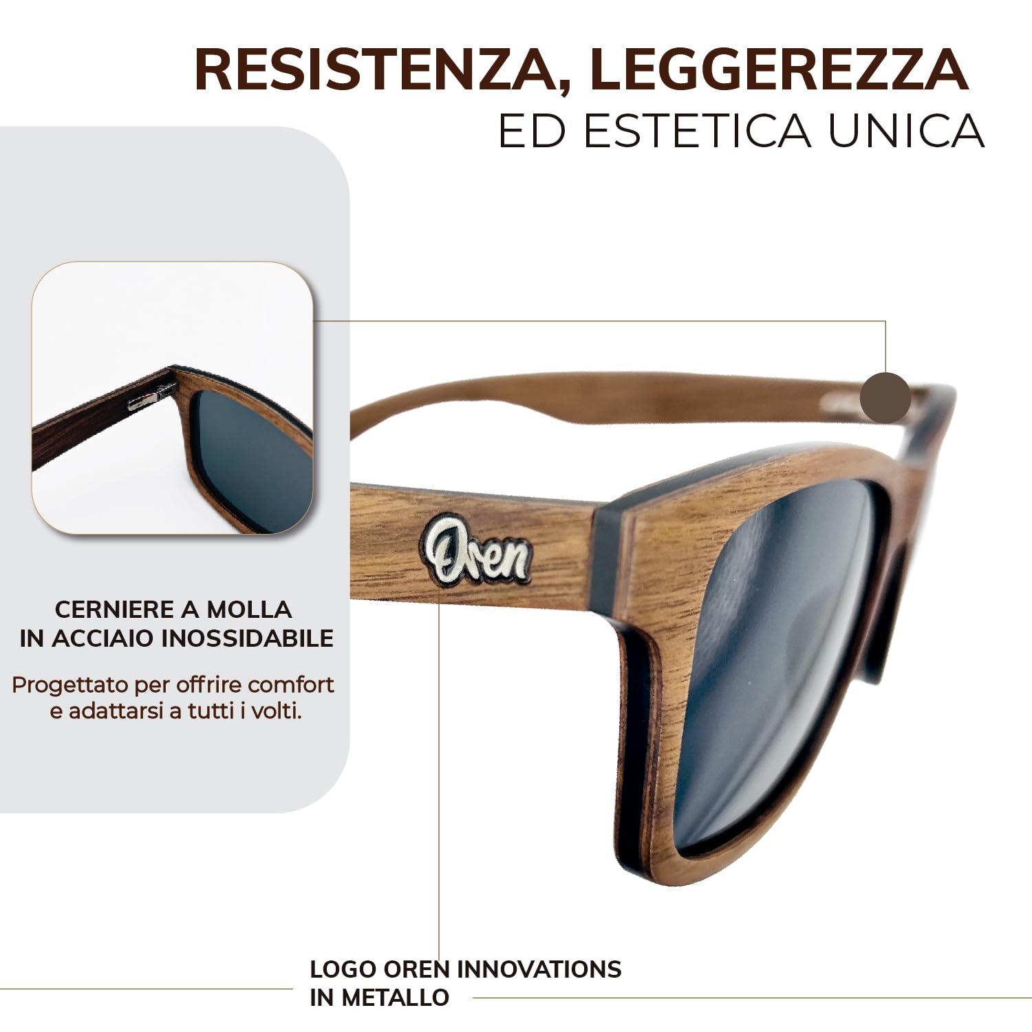 Oren Innovations - Occhiali da Sole Uomo Donna Polarizzati UV400, Galleggianti in Vero Legno Multistrato, Ultraleggeri con Cerniere a Molla, Ideali per Mare, Barca, Pesca, Kayak e Outdoor