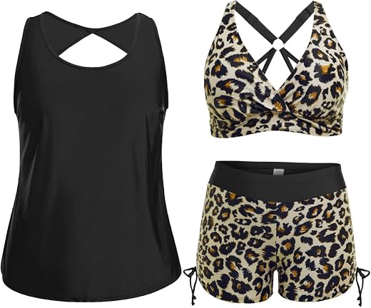 Holipick Women 3 Piece Plus Size Tankini Swimsuits Tummy Control Bathing Suits with Sports Bra with Boy Shorts, Leopard, 1...