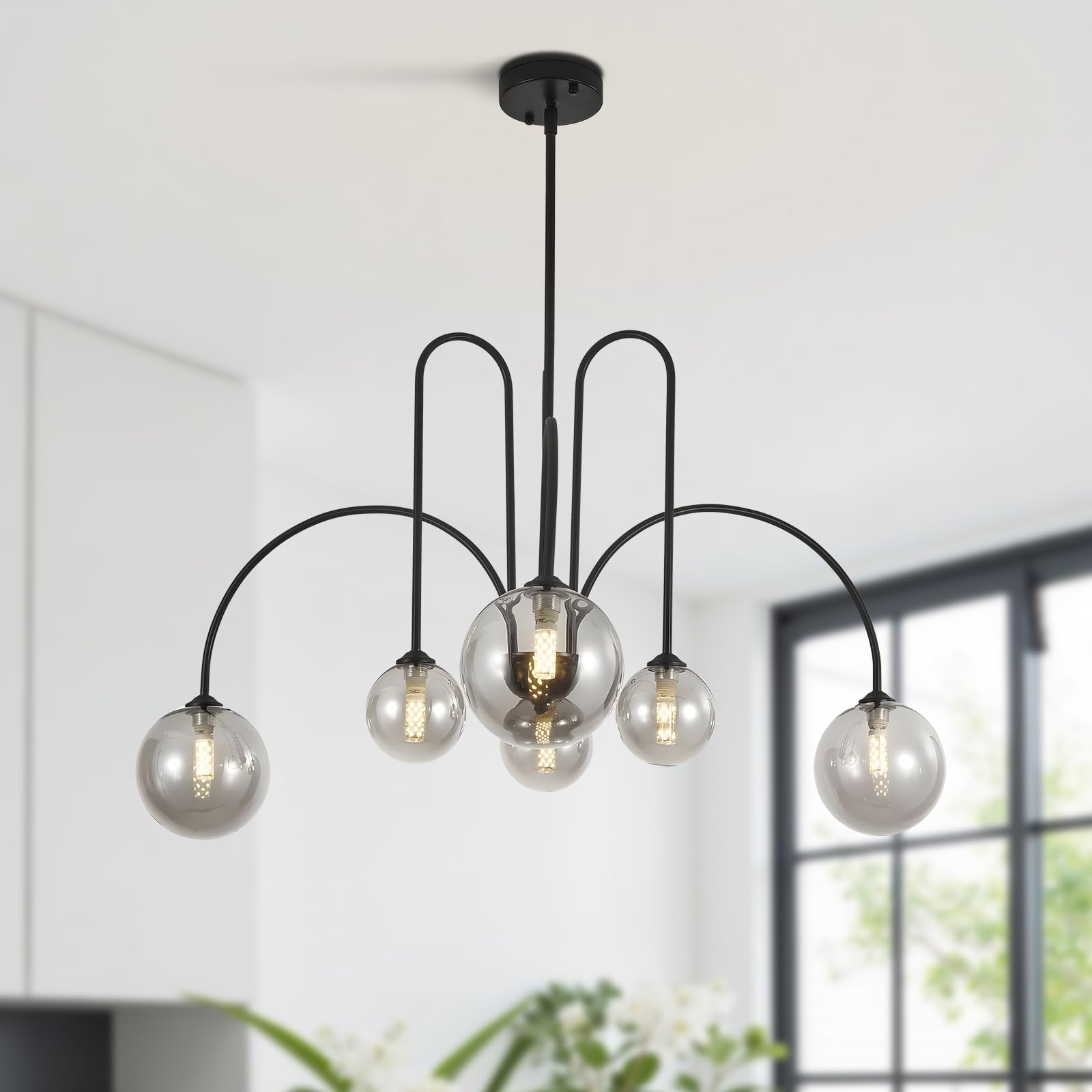 KCO Lighting Black Sputnik Ceiling Light with 6 Smoked Globe Shade