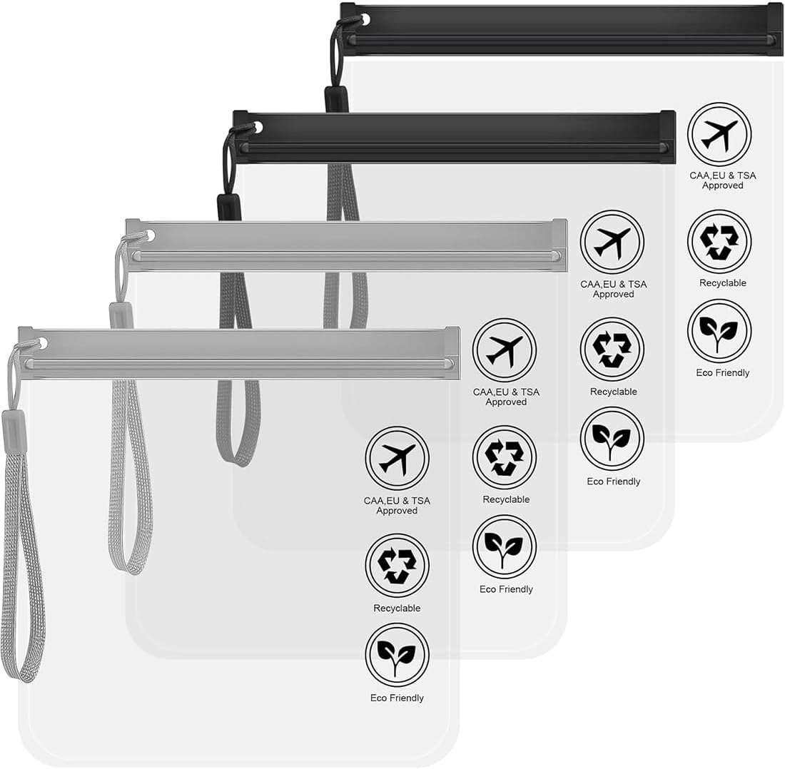 4 x TSA Approved Transparent Toiletry Bag, 20 x 20 cm, Airplane Travel Kit, Waterproof and Leak-Proof with Handle, Transparent Travel Bag for Women and Men, Grey + Black 4 x TSA Approved Transparent Toiletry Bag, 20 x 20 cm, Airplane Travel Kit, Waterproof and Leak-Proof with Handle, Transparent Travel Bag for Women and Men, Grey + Black