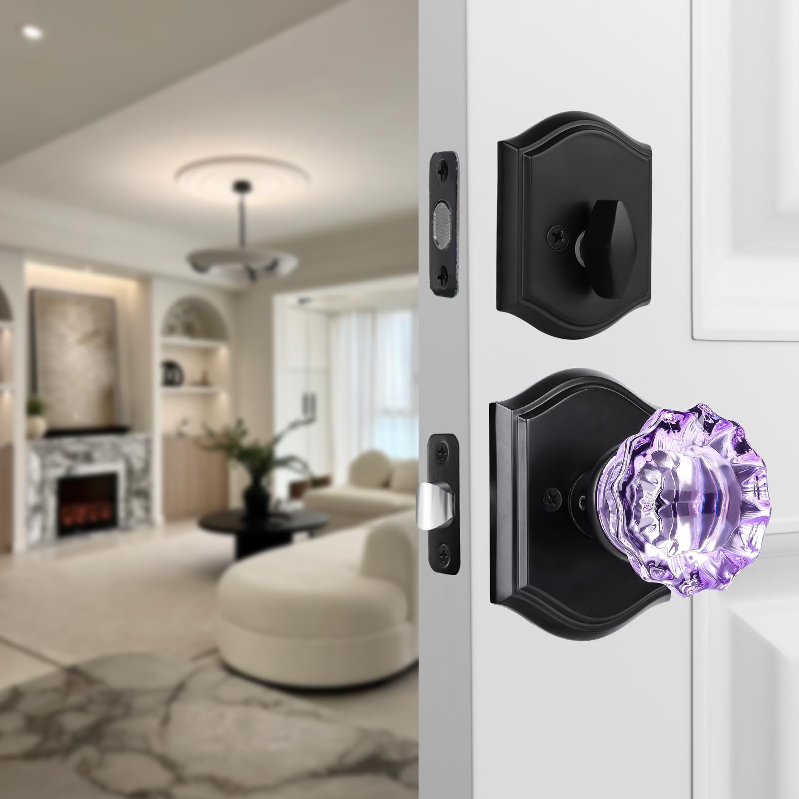 Purple Glass Door Knobs - Matte Black & Lock -8
