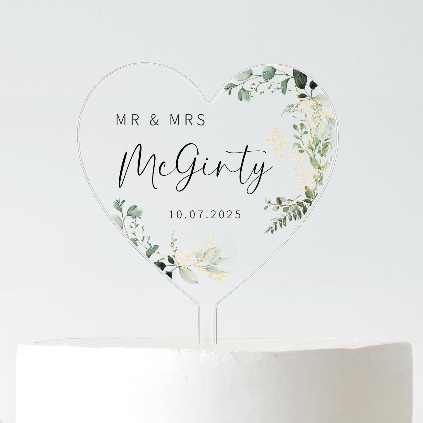 Personalised Mr & Mrs Surname Wedding Cake Topper | Heart Wedding Cake Decoration with Name & Date | Custom Wedding Cake Topper | Frosted Acrylic | 10cm or 12cm (BLACK TEXT, 10CM)