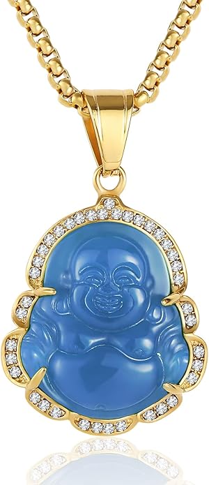 P.BLAKE Laughing Buddha Buddah Necklaces For Women Men, Ice Out Buddha Pendant For Men Women with Stainless Steel Gold Chain 24 inches