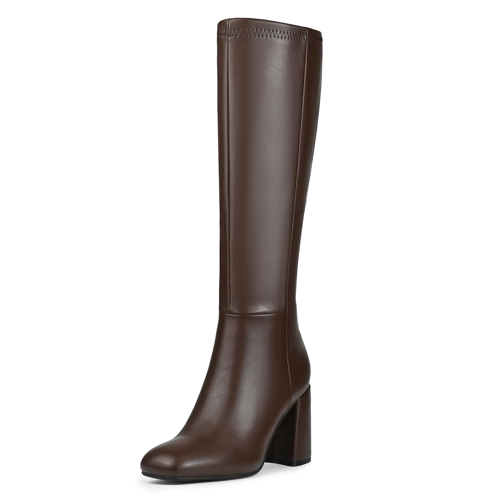 Womens Knee High Boots Faux Leather Square To Tall Boots Fashion Chunky Block Heel Long Boots with Side