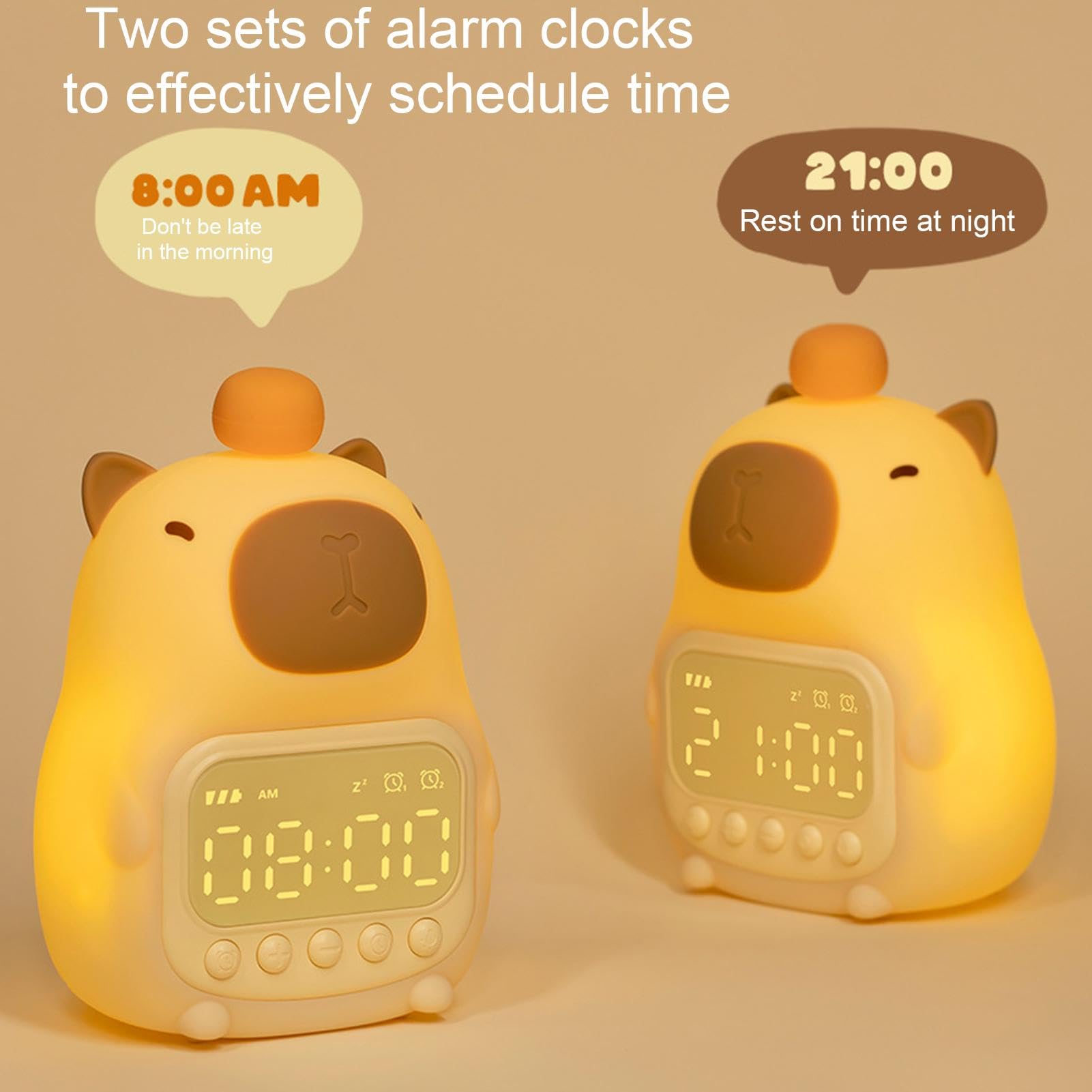 Wecker Capybara – Wecker aus Silikon, Capybara, Nachtlicht, wiederaufladbar, dimmbar, LED-Lampe, Meerschweinchen, niedlicher Wecker, Wecker für Nachtlicht, Vista Capybara, Digitaluhr,