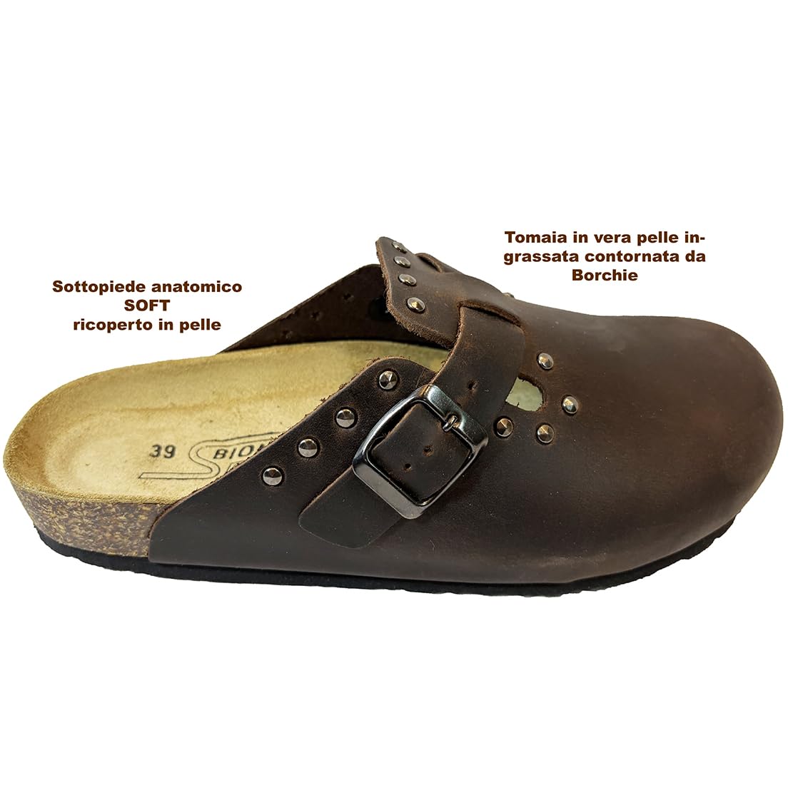 Sabot BORCHIATA donna vera pelle e borchie SIBYLLA ROCK cinturino e sottopiede SOFT - MADE IN ITALY