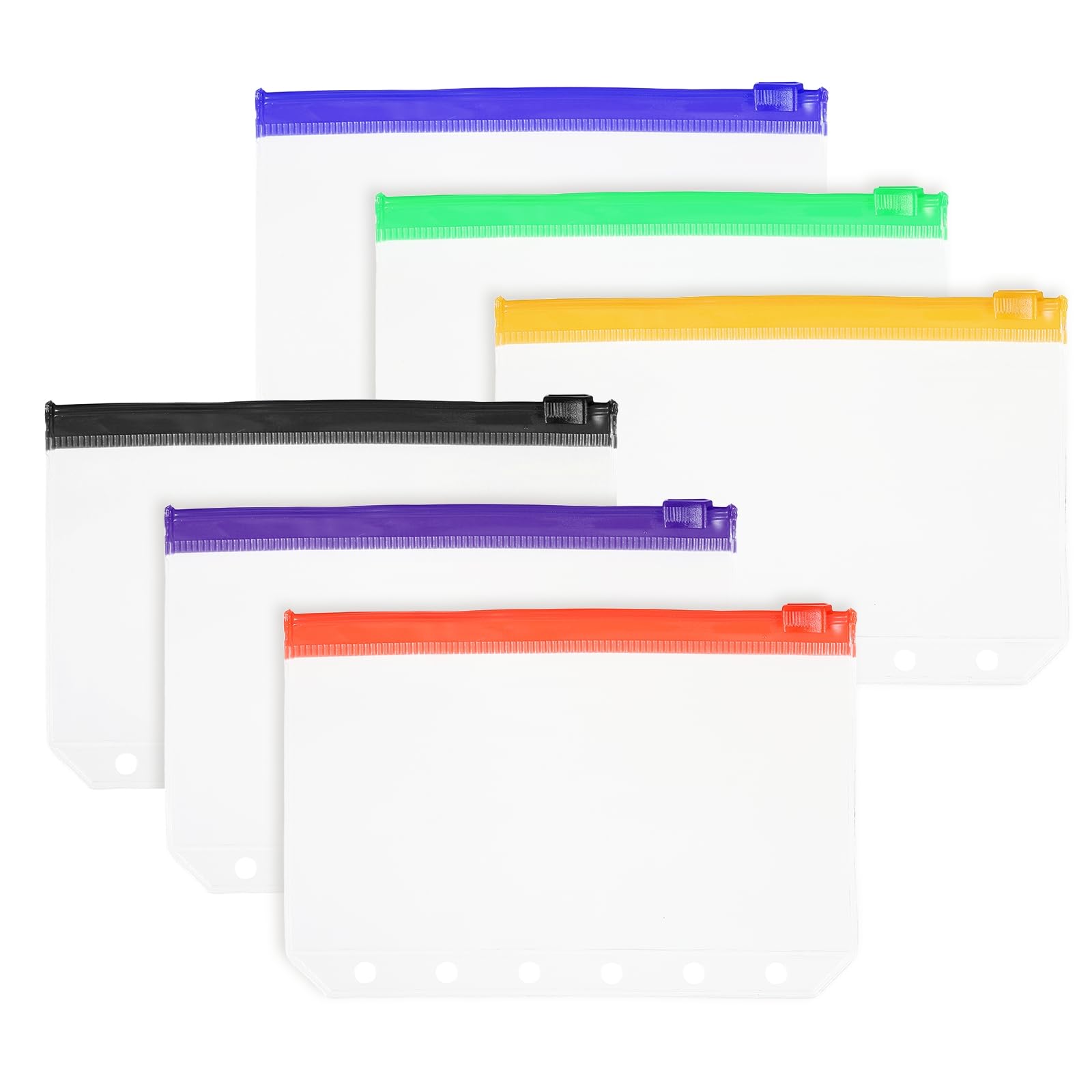 PATIKIL A7 Binder Pocket, 6 Pack 6 Holes Zipper Binder Pouch Budget Stuffing Envelopes Clear Storage Pocket Waterproof for Budget Planning Loose Leaf Bags, Colorful Zip/Clear Pouch