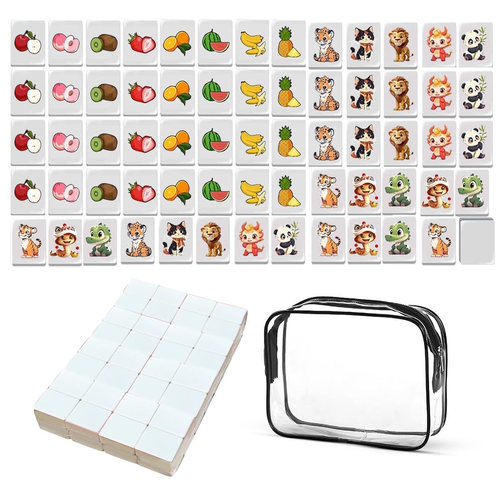 Lot de 65 blocs de jeu Seaside Escape Game - 30 mm - Avec autocollants - Motif fruits et animaux - Mahjong - Pour famille, voyage, réunion de fête
