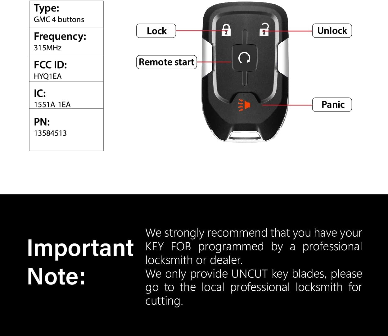 Replacement for 2019 2020 2021 2022 GMC Acadia Terrain Key Fob Remote Control HYQ1EA 4 Buttons 315MHz - Image 3