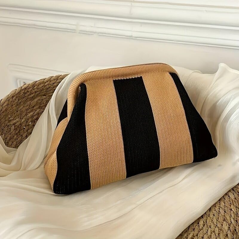 Image of Kawn Women's Striped Crochet Clutch Purse | Woven Handcrafted Shoulder Handbag | Kiss-Lock Dumpling Style Evening Clutch for Daily Use & Outings