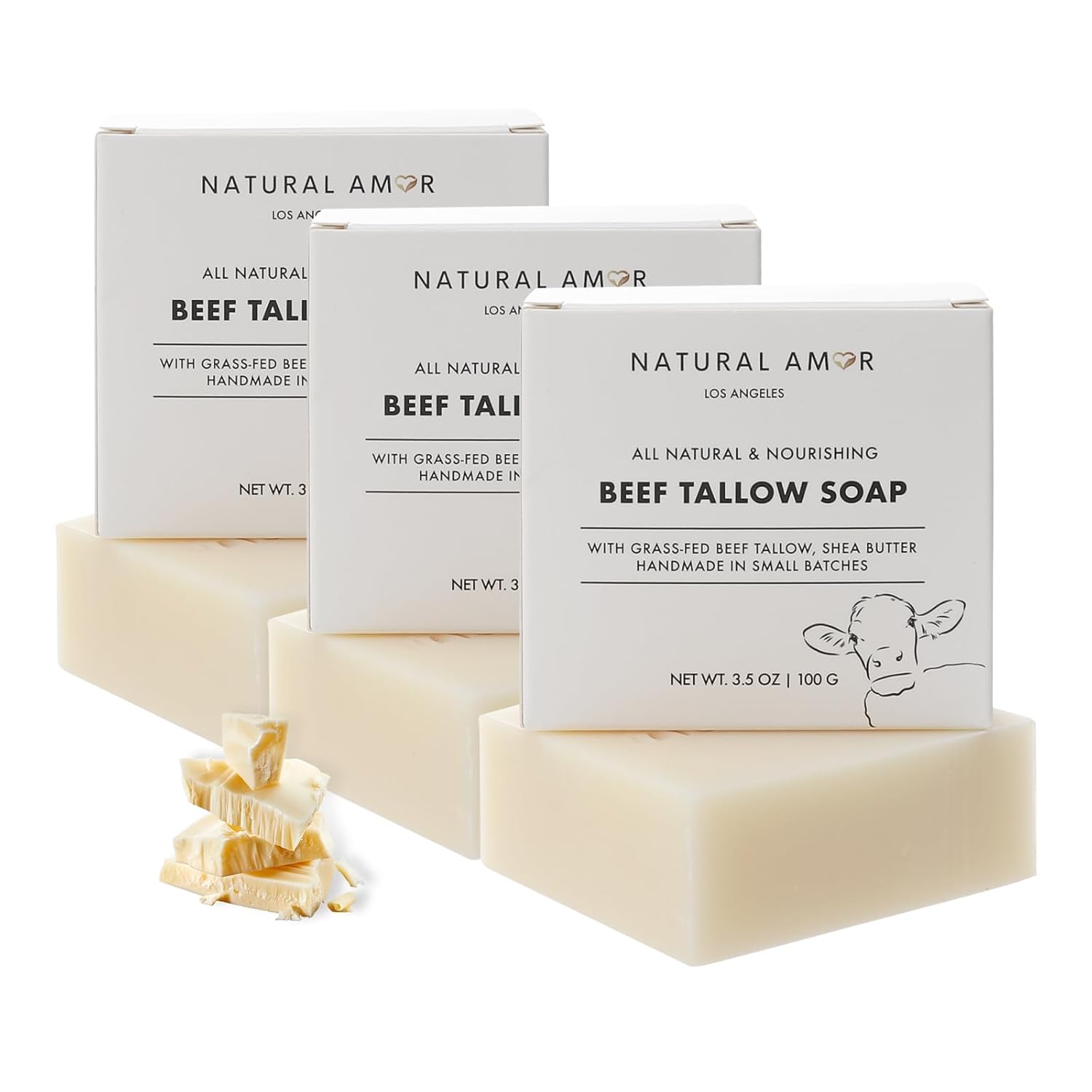 Natural Amor Beef Tallow Soap Bar 3 Pack, Handmade with Organic Grass-Fed Beef Tallow, Shea Butter, Coconut Oil, Natural Soap for Dry or Sensitive Skin Fragrance-Free, 3.5oz Each