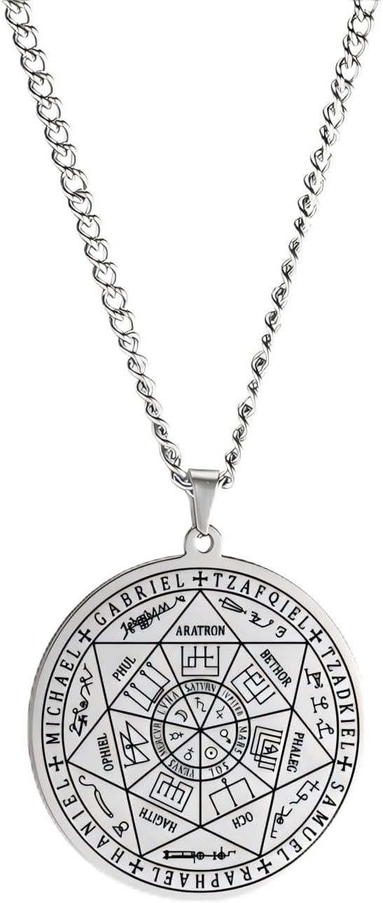 Stainless Steel Protection Amulet Necklace Chain Seven Archangels Seal Pendant Medallion Ancient Symbols Medal Jewelry for Women Religious Gifts