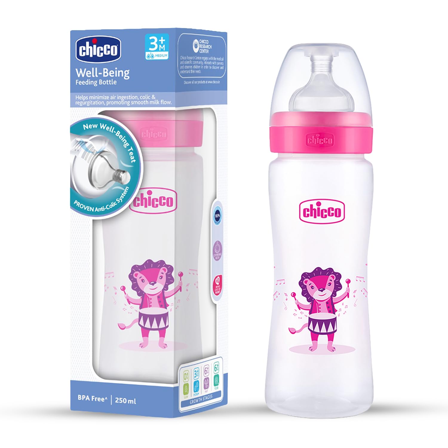 Chicco Wellbeing PP Feeding Bottles Jungle Music 250ml (Pink) I Proven Anti-Colic System I Comfortable Latch I Soft Silicone I Food Grade I BPA Free I Wide Neck I Medium Flow | 3+ Months-image-23