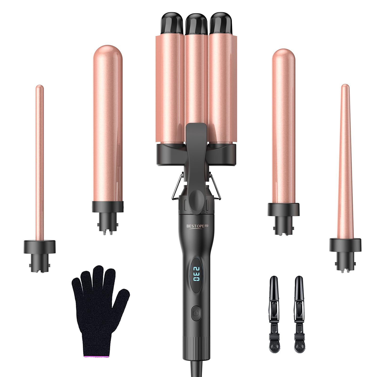 Lockeneisen mit Handschuh Rosa Gold-BESTOPE PRO 6 in 1 Lockenstäbe große und kleine locken 9-32mm（Rosa Gold）