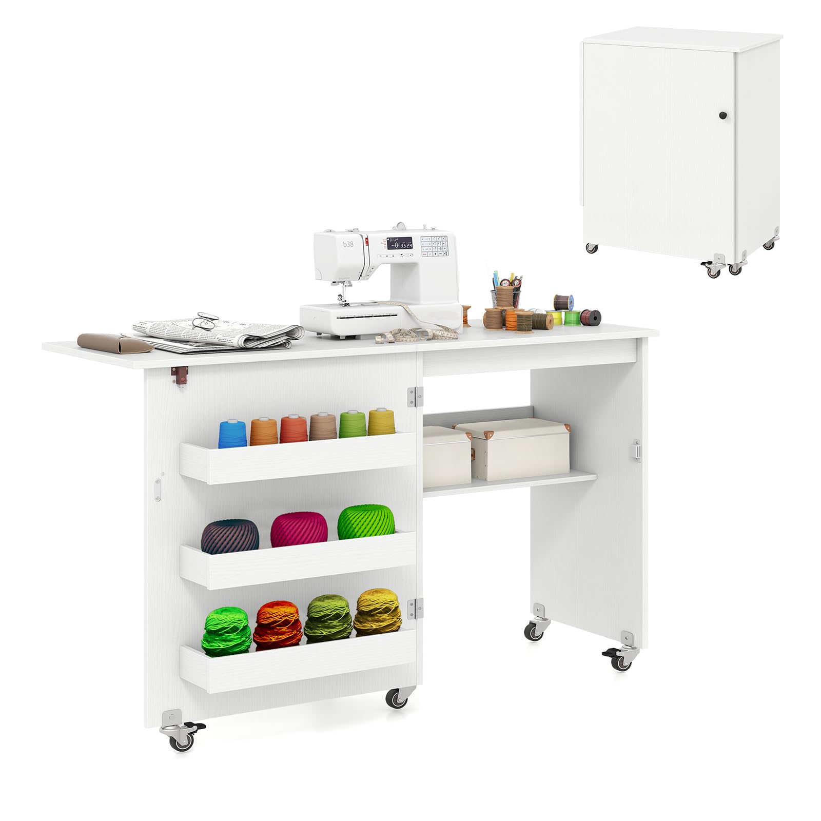 GIANTEX Armario de Costura Plegable 2 en 1 con 5 Ruedas, Mesa de Coser con 3 Compartimentos y 1 Estante Abierto, Aspecto de Vetas de Madera, para Dormitorio, Salón y Estudio (Blanco, 118,5x40x79,5cm)