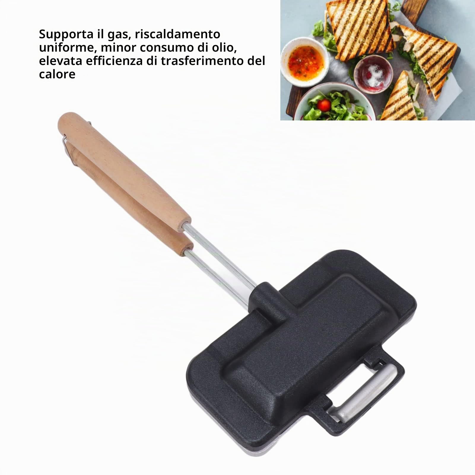 Teglia da Forno per Sandwich a Doppia Faccia, Tostapane per Hot Dog con Manico Rimovibile, Teglia per Sandwich per la Colazione Flip Grill Pan per Colazione, Frittelle, Omelette