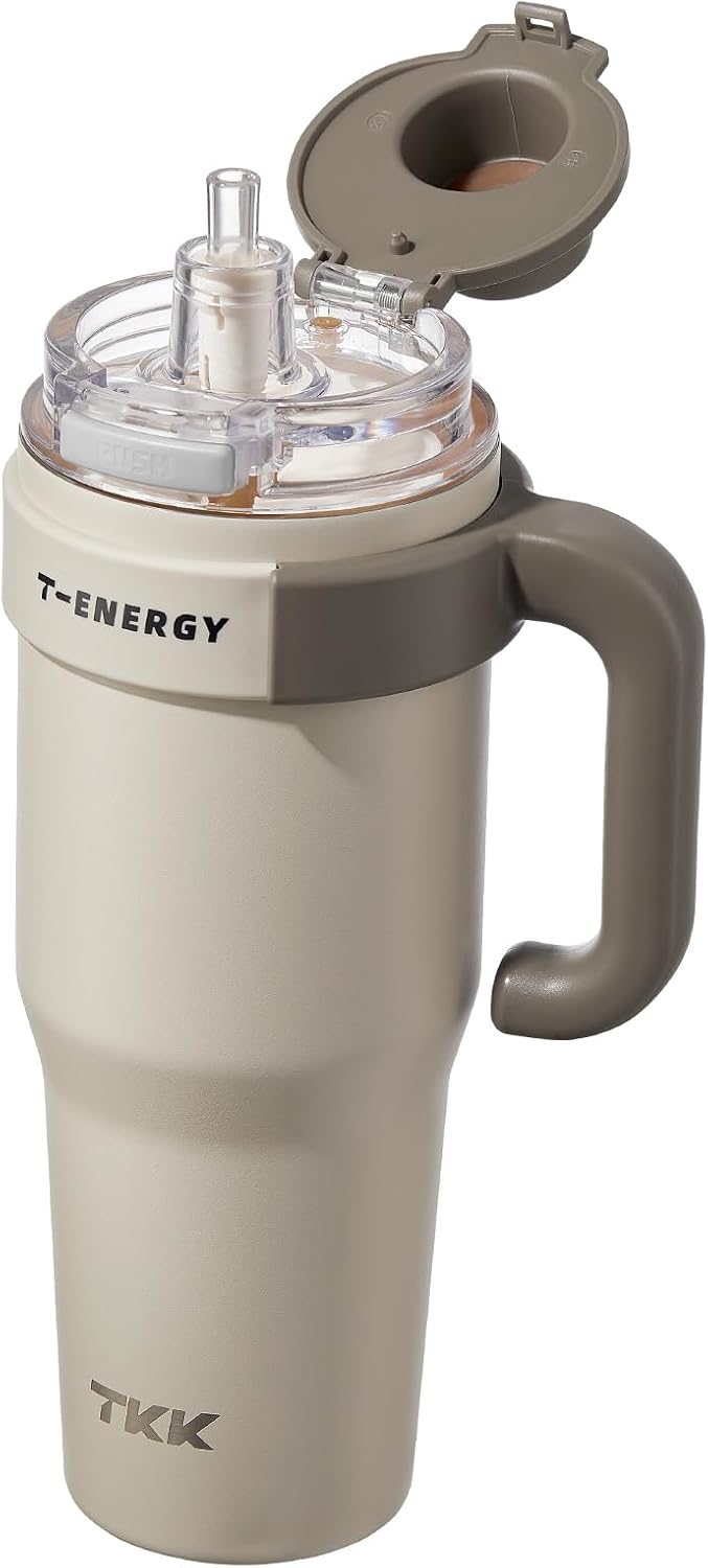 TKK 40 oz Tumblers with Handle and Straw, Ceramic Coating Insulated Bottle 100% Leakproof Travel Mug for Water, Iced Tea or Coffee, Smoothie, Cup Holder Friendly Base, Beige