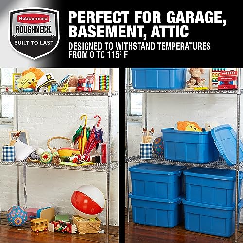 Image of Rubbermaid Roughneck Tote 14 Gal, 6 Pack, Made in USA, Heritage Blue, Rugged Plastic Stackable Storage Bins with Lids and Handles