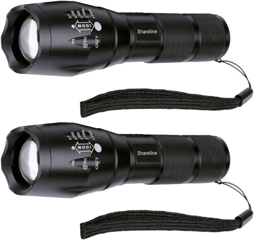 Shareline Brightest LED Tactical Flashlight, CREE XML T6 LED, 5 Modes, Zoomable Ajustable Focus, Water Resistant(2 Pack)