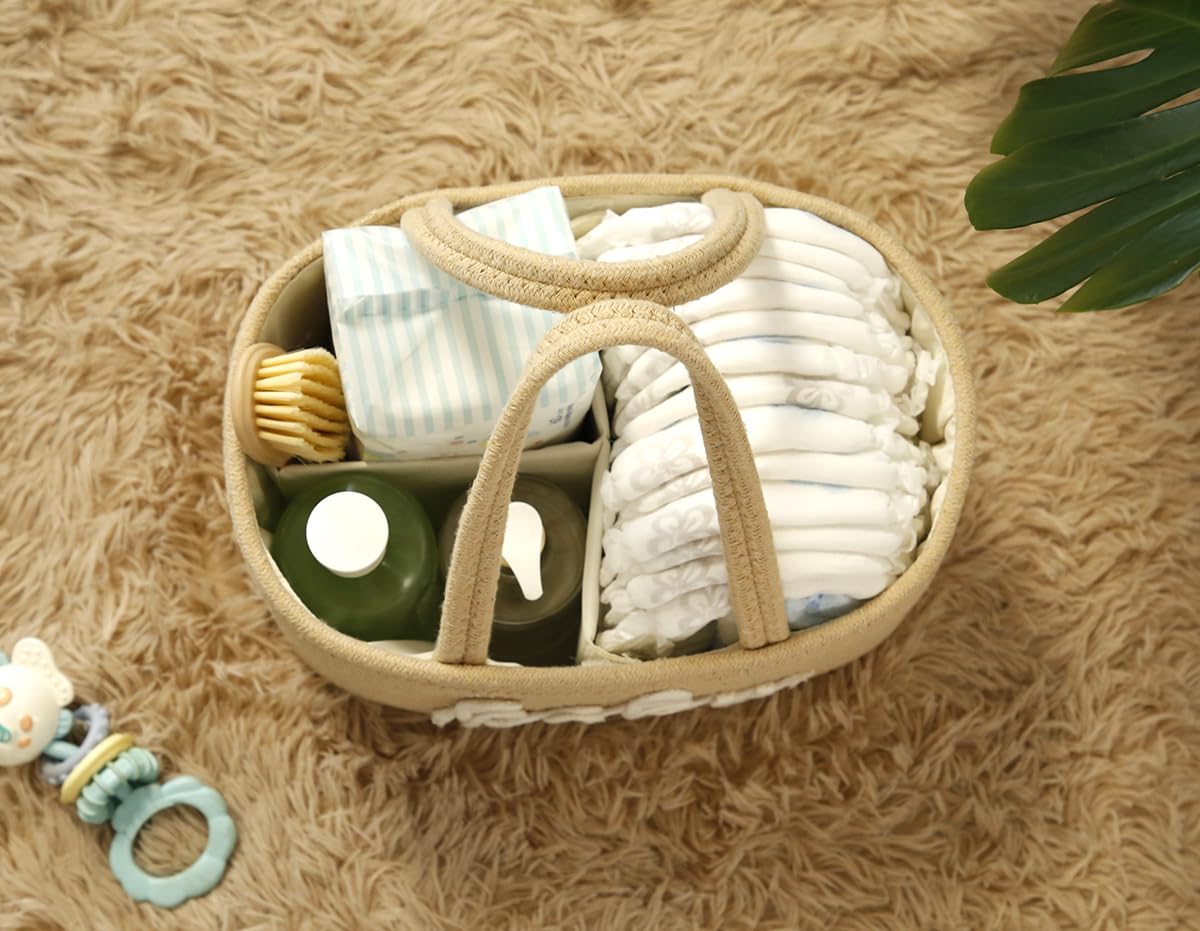 Organizador de pañales para bebé, cesta de almacenamiento para baby shower y toallitas de bebé, bolsa de pañales portátil de cuerda de algodón para cambiador, regalo esencial para recién