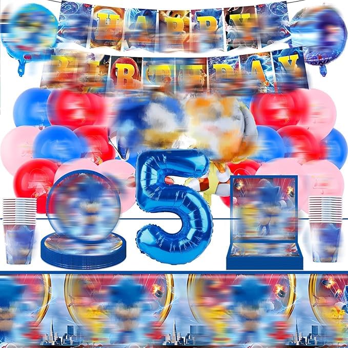 Amazluck 65 Stück Geburtstagsdeko 5 Jahre Hedgehog Geburtstagsdeko Luftballon Party Birthday BannerTableware Supplies Foil Balloons Tischdecken Teller Servietten Tassen Kuchen Deko Kinder