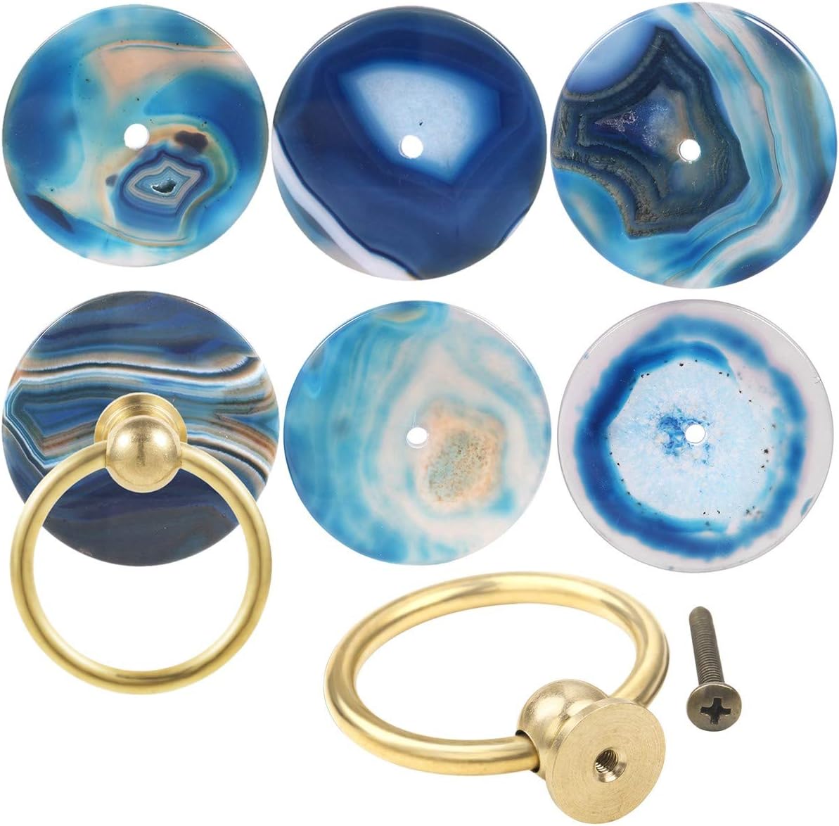 Rockcloud Pack of 2 Agate Slice Drawer Knobs Handmade Round Pull Handle Door Pulls for Cabinet Kitchen Cupboard, Blue