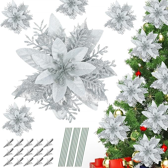 DERAYEE 12pc Weihnachten Glitter Weihnachtsstern Blumen künstliche...