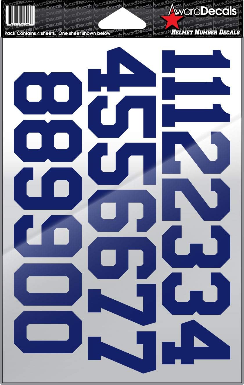 Number Stickers for Helmets (Football, Baseball, Softball, Hockey, Lacrosse, Etc.) 4 Sheets (Royal Blue)