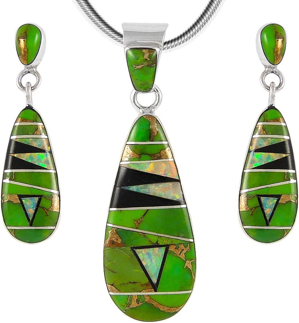 Matching Turquoise & Gemstones Set 925 Sterling Silver (Pendant, Earrings, Necklace 20")