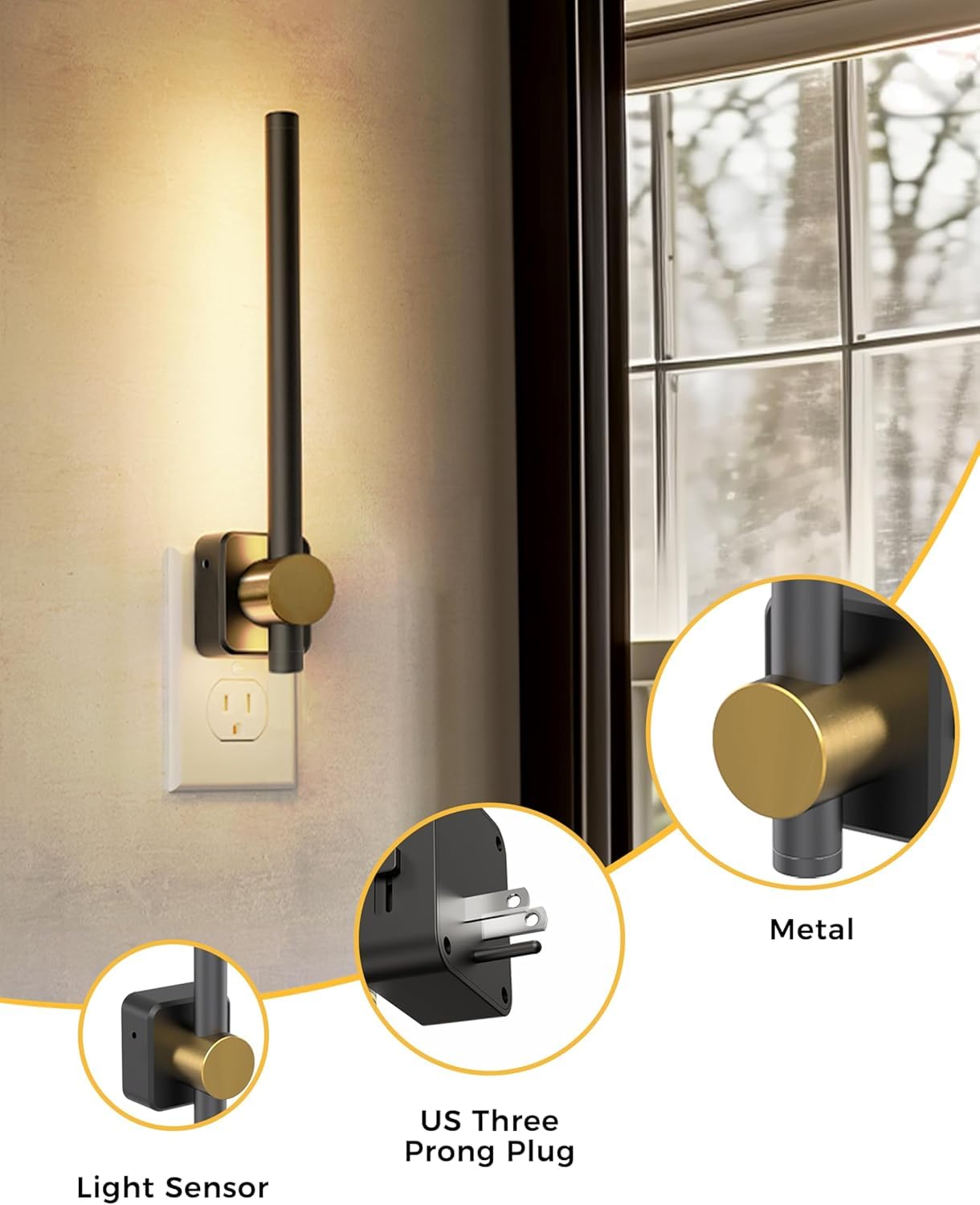 Lampki nocne LED podłączane do gniazdka ściennego, 0-200 lm, czujnik zmierzchu do świtu, 2 W, ściemnialne, miękka biel 3000 K, standard amerykański, nowoczesne oświetlenie do lustrzanej toalety