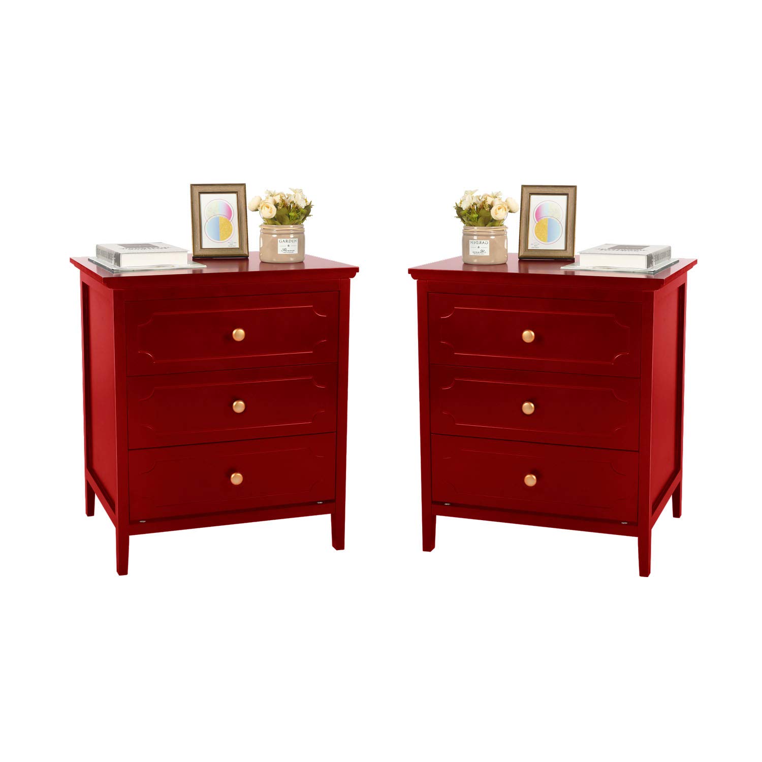 Bedroom End Table Nightstand with 3 Drawers, Side Table for Bedroom, Living Room, Table Storage Wood Cabinet , 19 Inch Red Finish 2 Set (Red 19 inch 2 Sets)
