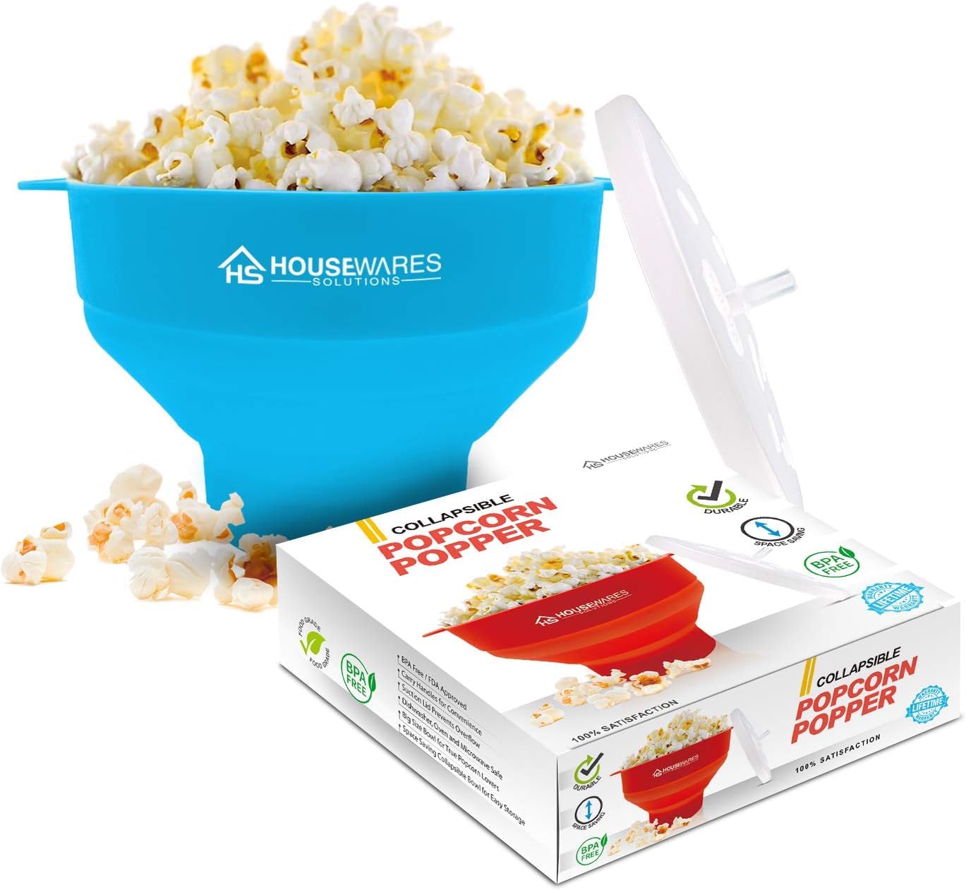 Collapsible Silicone Microwave Hot Air Popcorn Popper Bowl With Lid and Handles - Aqua