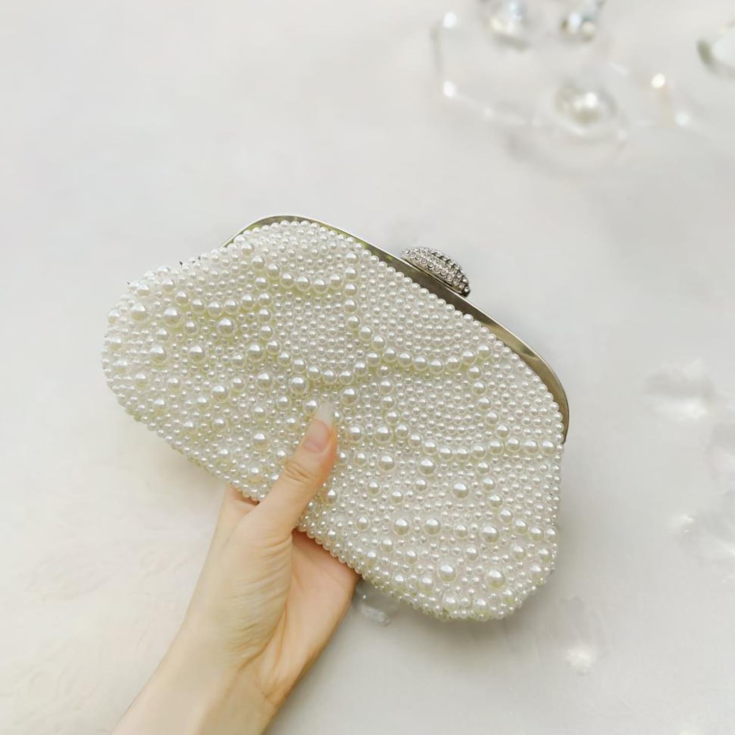 Aovtero Pearl Clutch Bride Bag Purse Women Wedding Prom Evening Bags Formal Full Beaded Handbag with Chain - Image 3