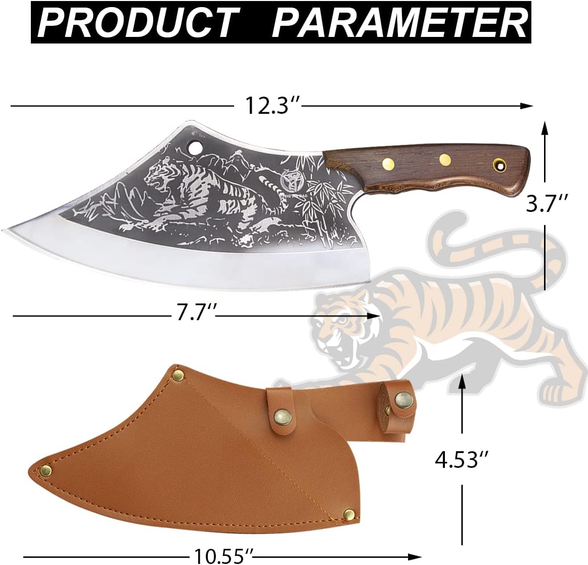 Meat Cutting Cleaver, Japanese Style Viking Kitchen Boning Knives with Sheath, Forged Butcher Deboning curved blade with Tiger Pattern, for Home and Restaurant - Premium Gift - Image 2
