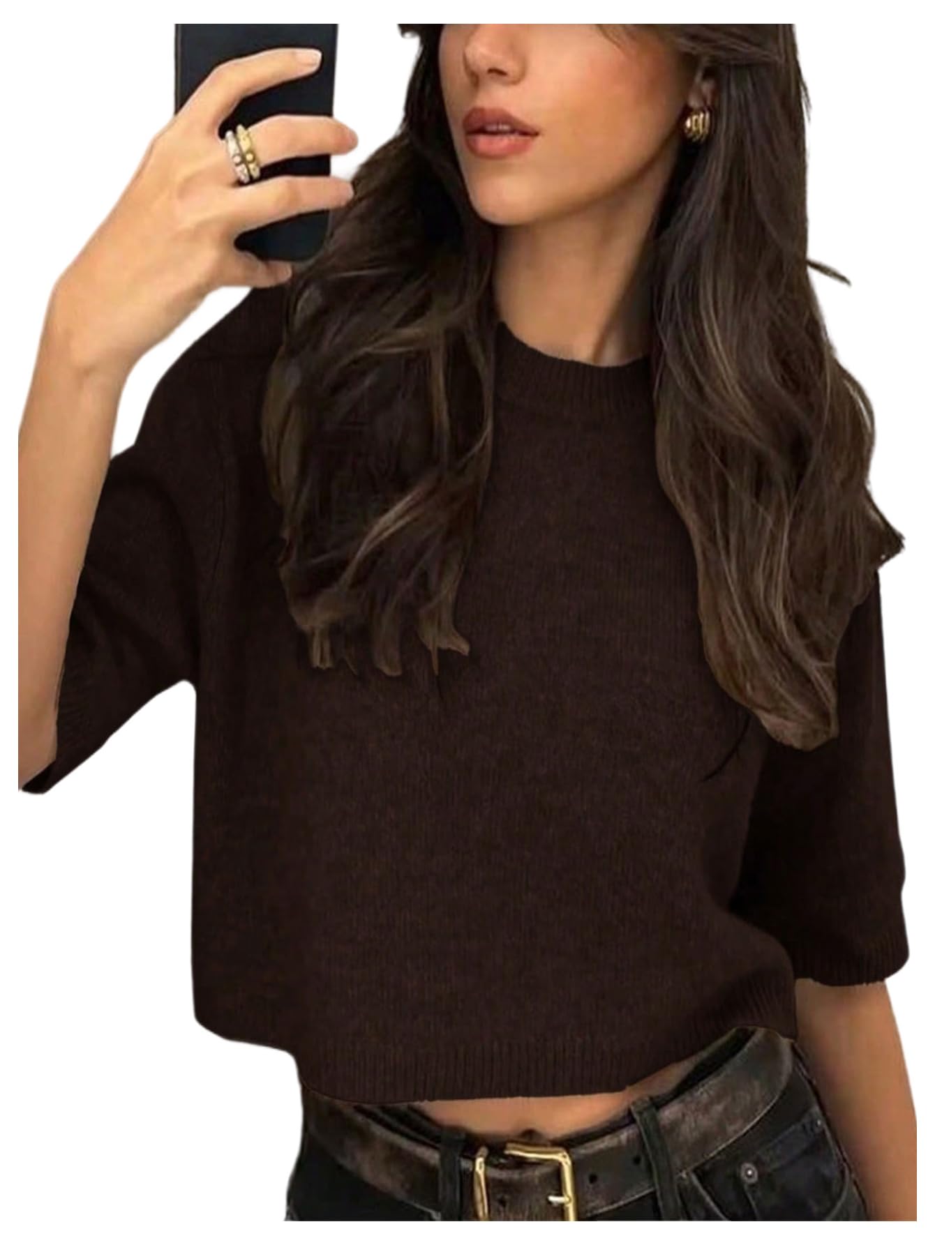 GORGLITTER Womens Short Sleeve Cropped Sweater Trendy Crew Neck Oversized Pullover Tops