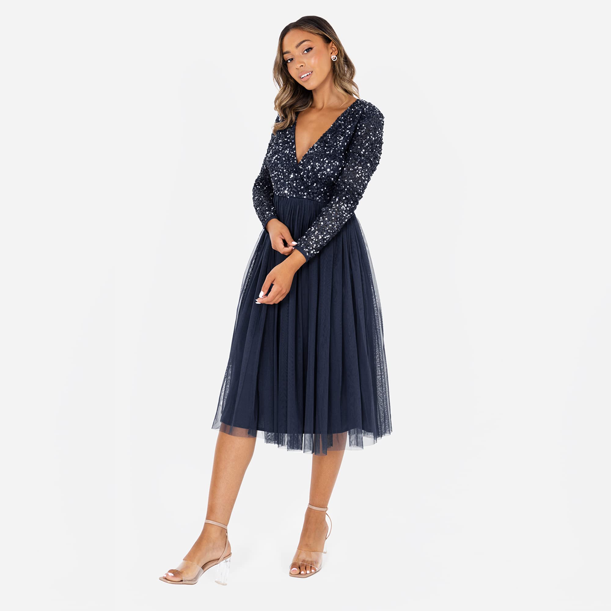 Maya Deluxe Womens Ladies Wedding Guest Midi Dress Long Sleeve Plunging Neckline V Neck Sequin Embellished Graduation Vestito per Damigella d’Onore Donna
