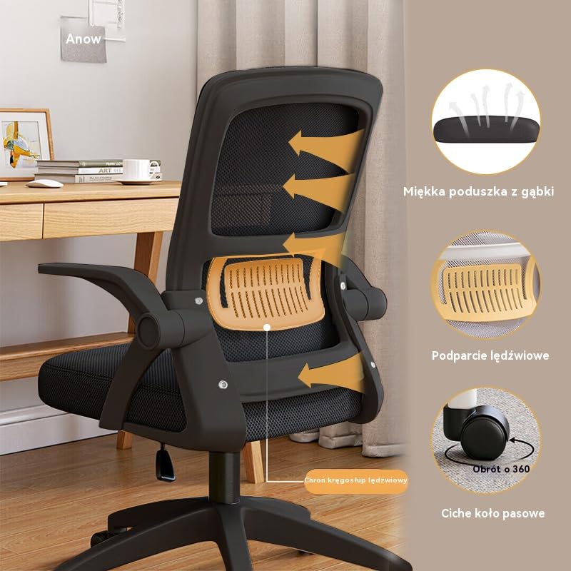 Ergonomiczne Krzesło Biurowe do Domu z Oddychającej Siatki - Wysoki Tył z Regulacją Wysokości,Obrotowe z Podnoszonymi Podłokietnikami i Wsparciem Lędźwiowym(Czarny)