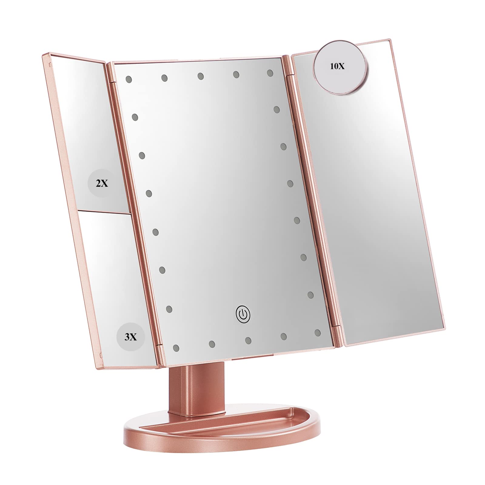 HMGOLD Makeup Vanity Mirror with LED Lights, 2X 3X 10X Magnification Portable Makeup Mirror Gifts for Women, Dual Power Supply, Touch Control Dimmable, Travel Makeup Mirror Rose Gold