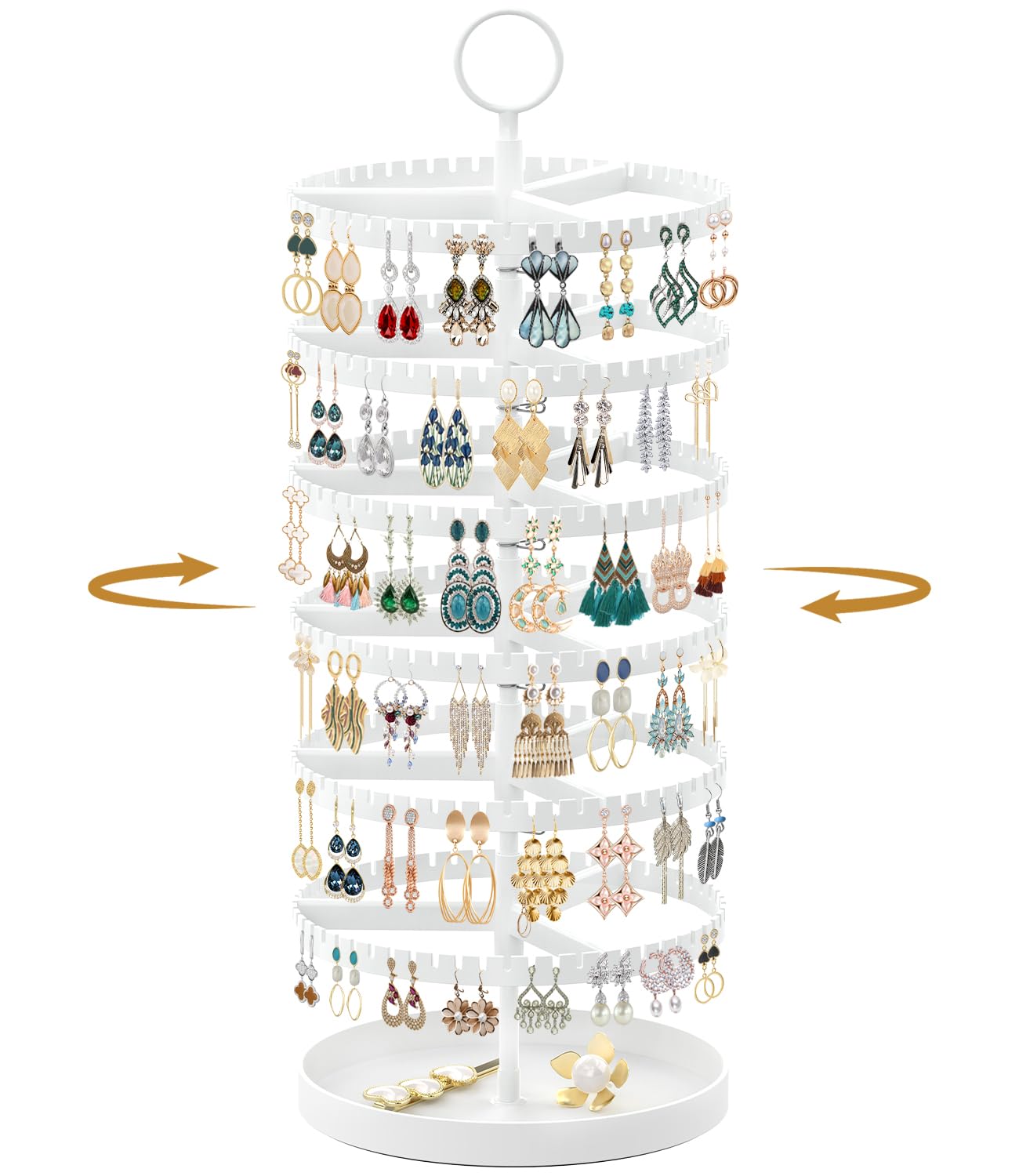 Drehender Ohrring Ständer Halter Organizer Display mit Metalltablett, 6-Stufiger Ladies Verstellbarer Kunststoffständer mit 342 Schlitzen für Ohrstecker-Reifenbügel, Platzsparend, Weiß