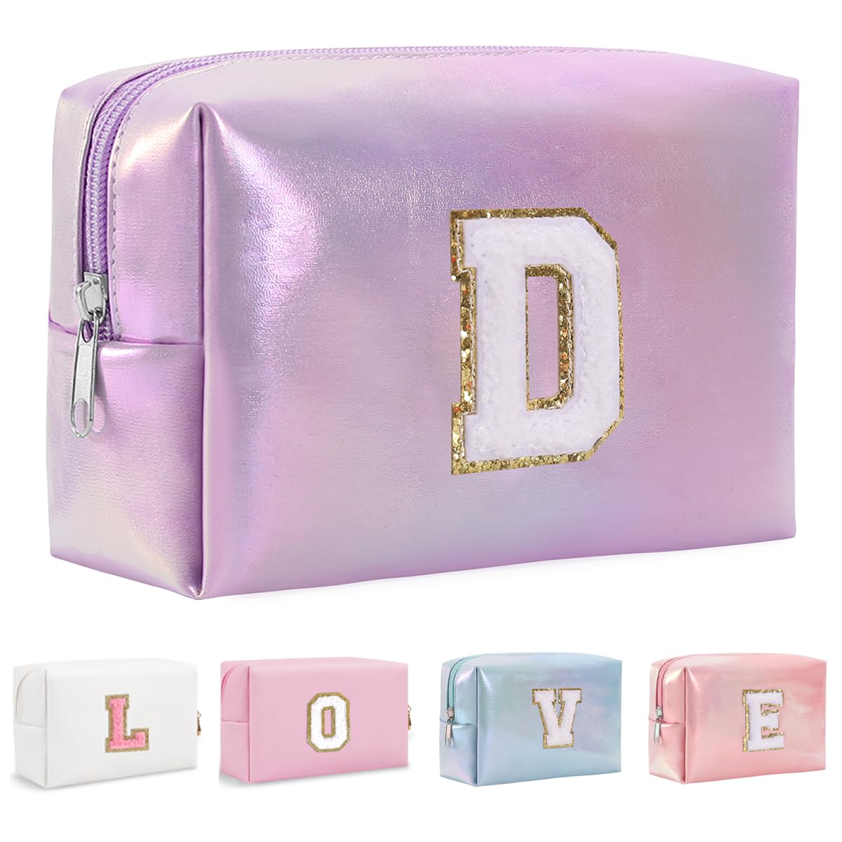 Yintry Bolsa de Maquillaje de Viaje, Bolsa de Chenilla con Letras, Bolsa de cosméticos, Regalos de cumpleaños para Mujeres, Esposas, Damas de Honor, Adolescentes, Organizador de Viajes de Maquillaje