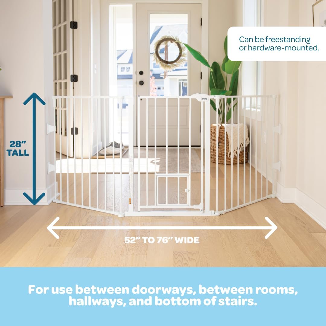 Carlson 52"-76" Flexi Configurable Dog Gate for Wide Openings, Extra Wide Metal Pet Gate with Small Pet Door, White