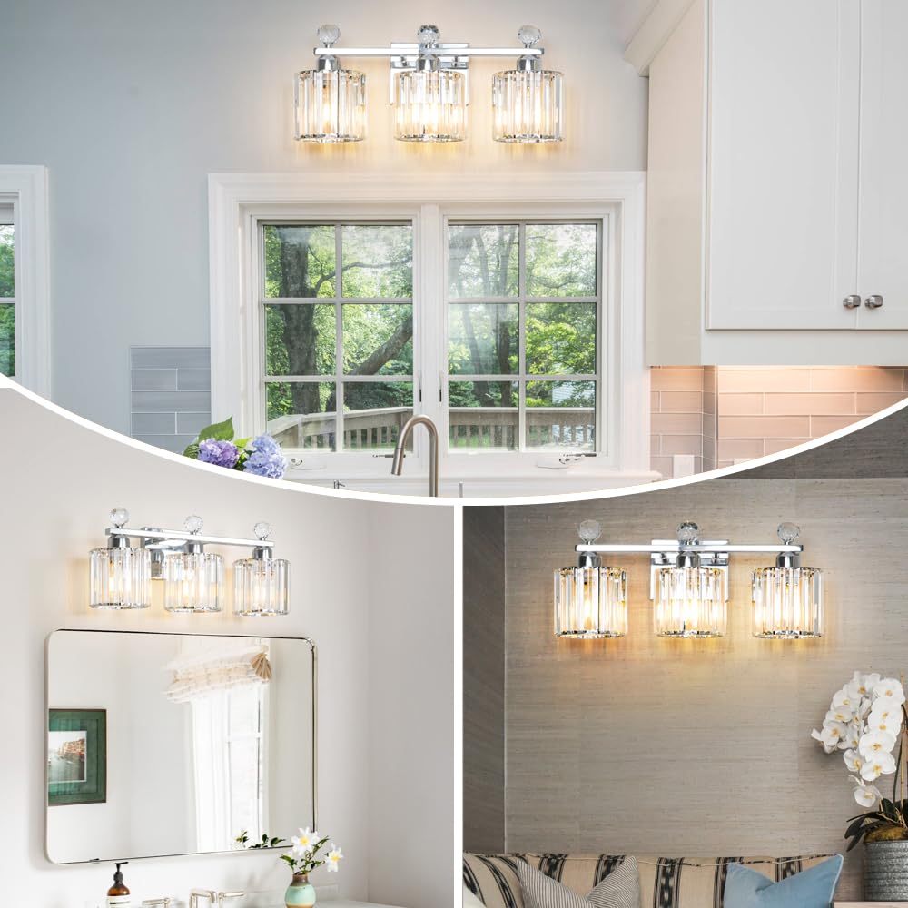 Moderna lámpara de tocador de baño de cristal, 3 luces, accesorios de iluminación cromados sobre el espejo, lámparas de pared vintage de baño, lámparas de pared de cristal para baño, sala de estar 4