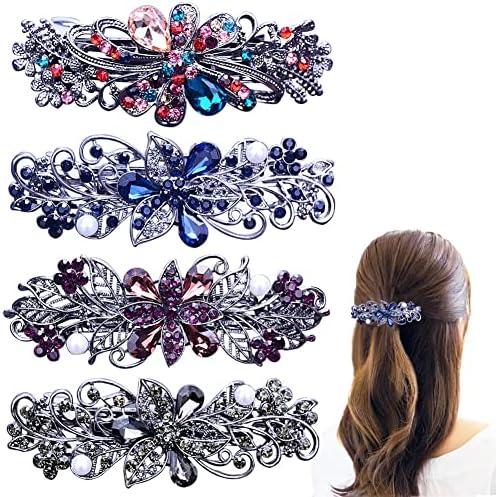 4 PCS Hair Barrettes for Women Ladies, Flower Crystal Rhinestones Barrettes Pearl Spring Hair Clip Accessories Women Fashion Ponytail Holders Barrettes for Daily Wear Mothers Day Gifts