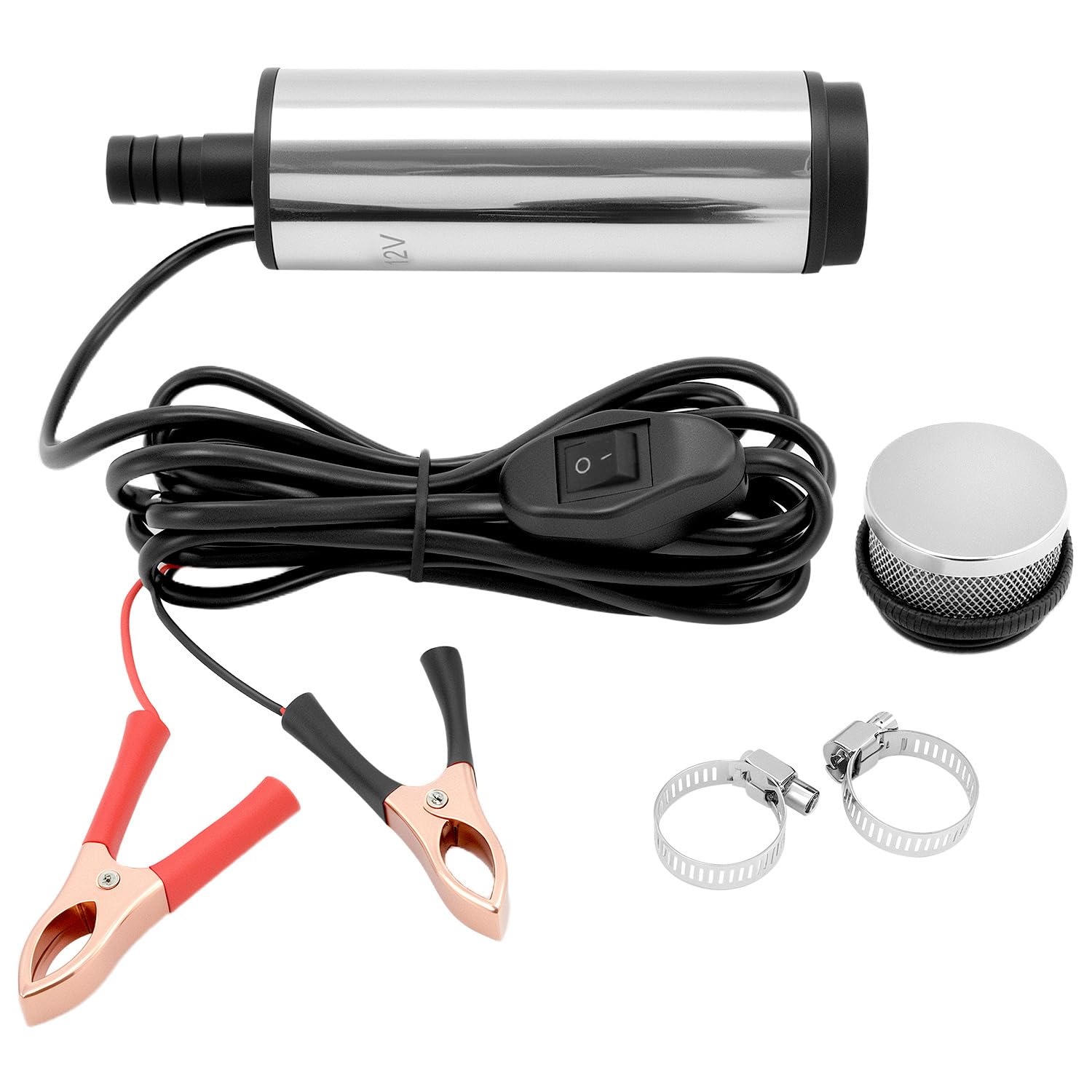 QWORK® 12 V 51 MM, pompa wody z klipsem, stal nierdzewna, przewód zasilający 3 m + wąż 4 m, do oleju napędowego, nafty, wody